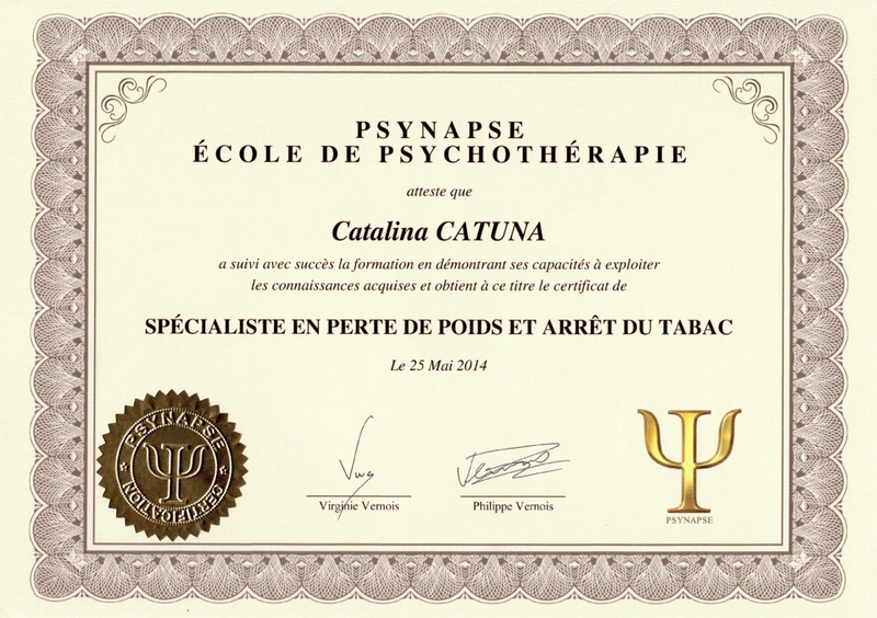 Diplôme Spécialiste Perte de Poids et Arrêt du Tabac — Psynapse, Catalina Catuna, 2014